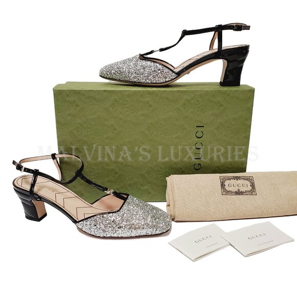 GUCCI SHOES T-STRAP SILVER GLITTER SLINGBACK PUMPS w DOUBLE G LOGO sz 37.5 7.5 - Picture 4 of 14
